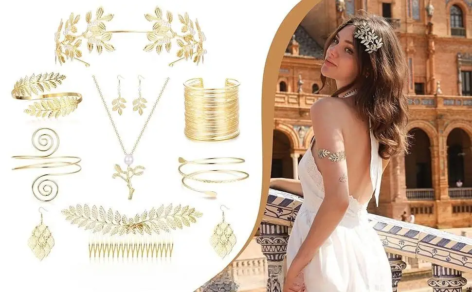 9 Pcs Greek Goddess Costume Accessories Set for Women Golden Laurel Leaf Crown Headband Upper Arm Coil Bracelet Pearl Leaf Dangle Earring Artificial Pearl Earrings Necklace Bridal Wedding
