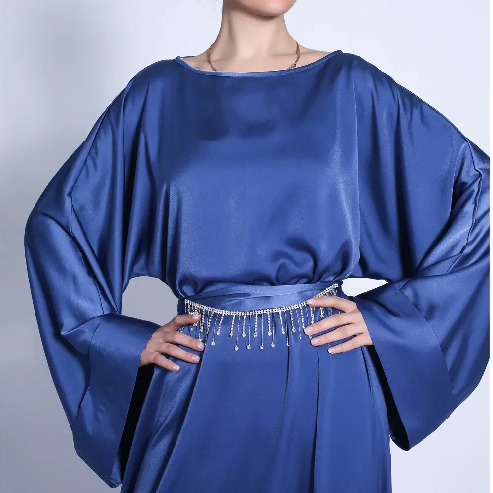 7色展開、ムスリム女性用サテンロングドレス、ゆったりとしたカフタン、豪華なパーティー、イブニングアバヤ、無地、ラインストーンベルト付き、ファッショナブルなラマダン向け