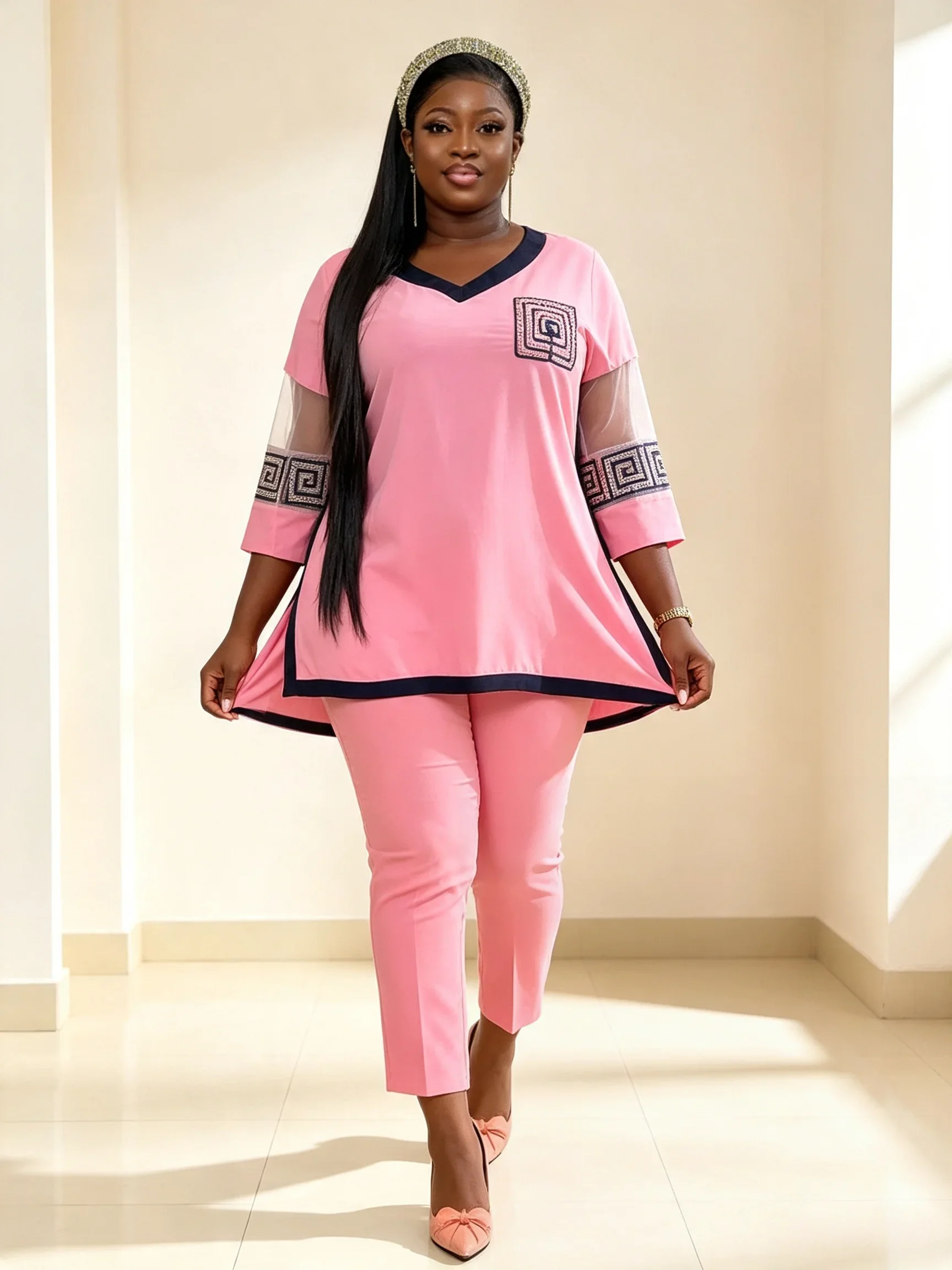 African Ladies 2 Piece Pant Set Embroidery V Neck Mesh 3/4 Sleeve Pink Plus Size Women Clothing