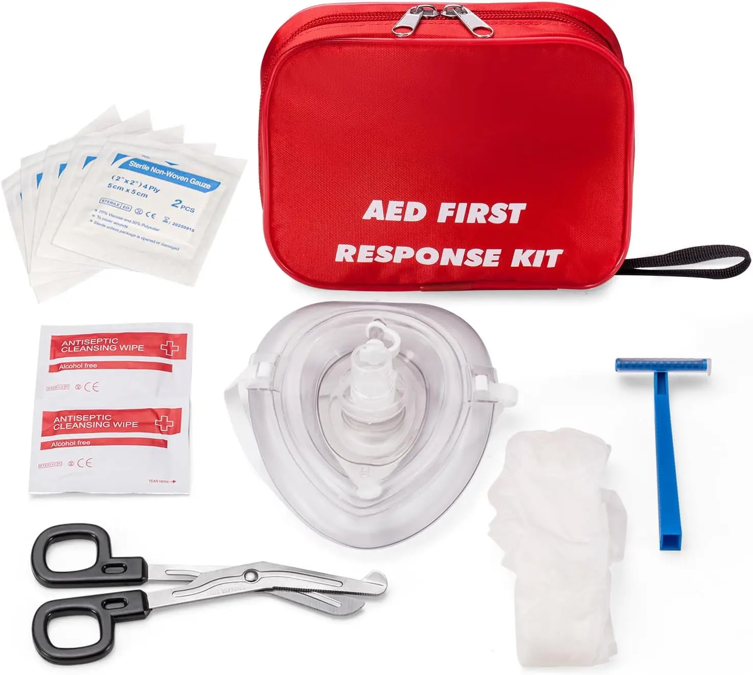 

AED First Response Kit with CPR Mask, Gloves, Scissors, Razor, Gauze Pads & Wipes for Emergency Training