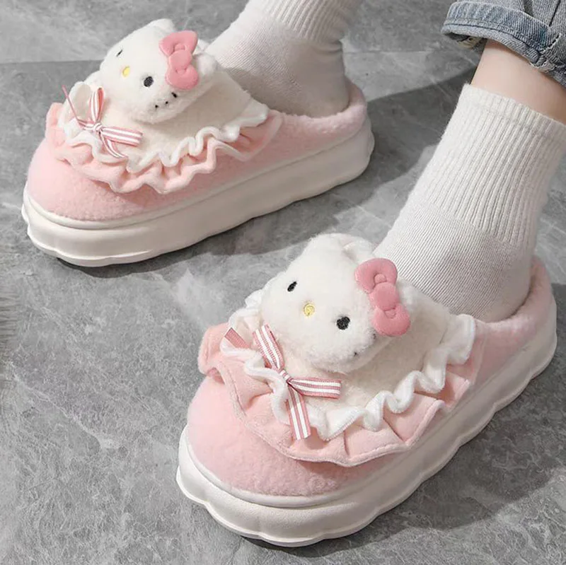 Sanrio Blue Cinnamoroll Cotton Slippers Winter Cartoon Hello Kitty Pink Plush Warm Shoes Non-Slip Soft Thick Soled Home Slippers