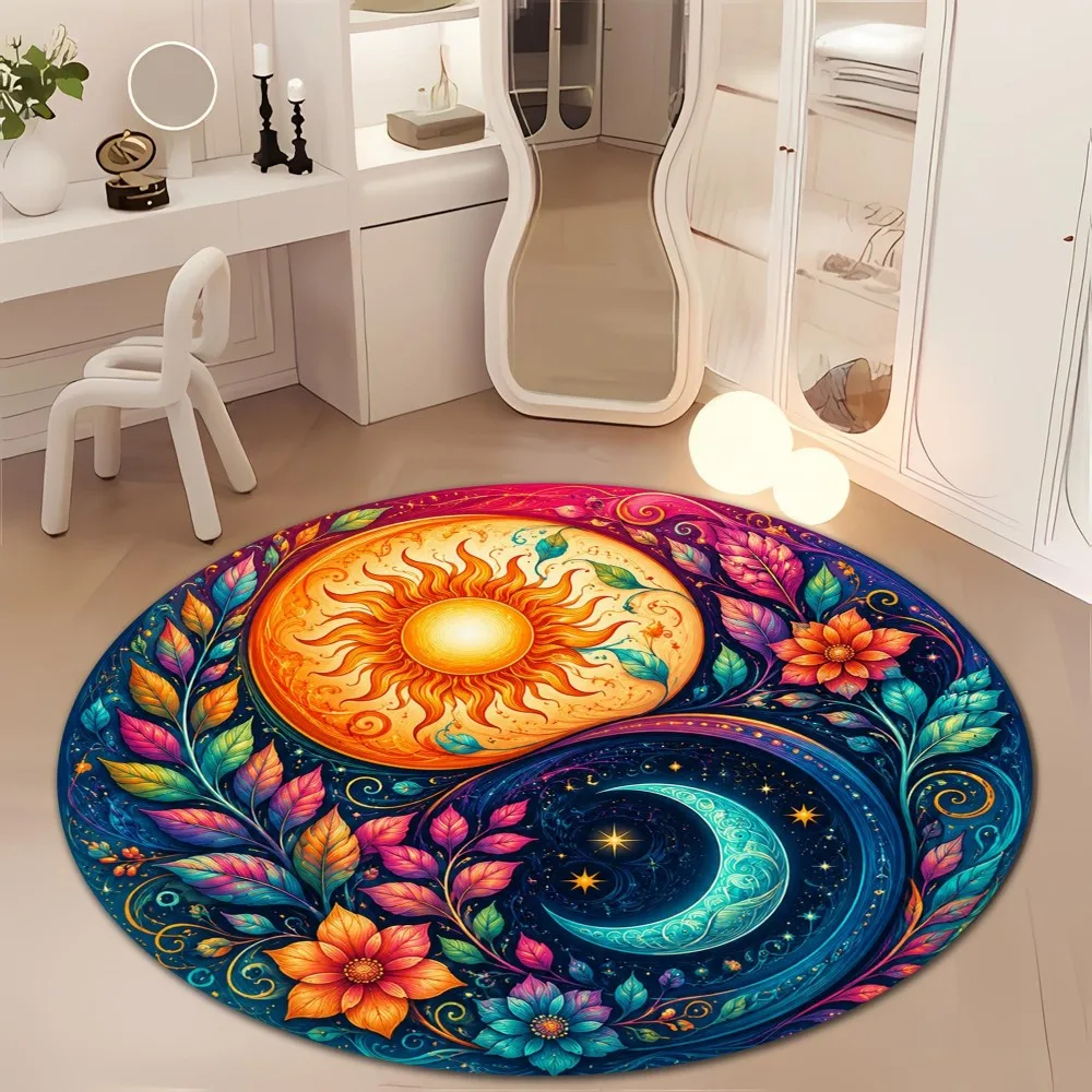 Boho Sun Moon Round Floor Mat Yin Yang Floral Printed Circular Rug Non-Slip Washable Carpets For Sofa Bedroom Decor