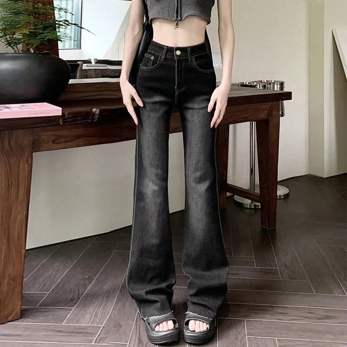 Korean Chic Autum New Black Distressed Sexy Jeans Low-Waisted Boot-Cut Pants Butt-Lifting Slimming Look Bell-Bottom Pants