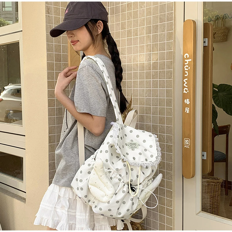 Angel Wings Polka Dot Studenten-Rucksack mit Kordelzug, koreanische süße süße Schultasche aus Nylon, leichte, lässige, geräumige Reisetasche – Detail 18