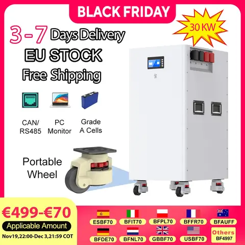 LiFePO4 48V 600AH 30KW Battery Pack 300Ah 15KW 16S 200A BMS Portable Wheeled 51.2V Lithium battery Ship from EU Free Shipping