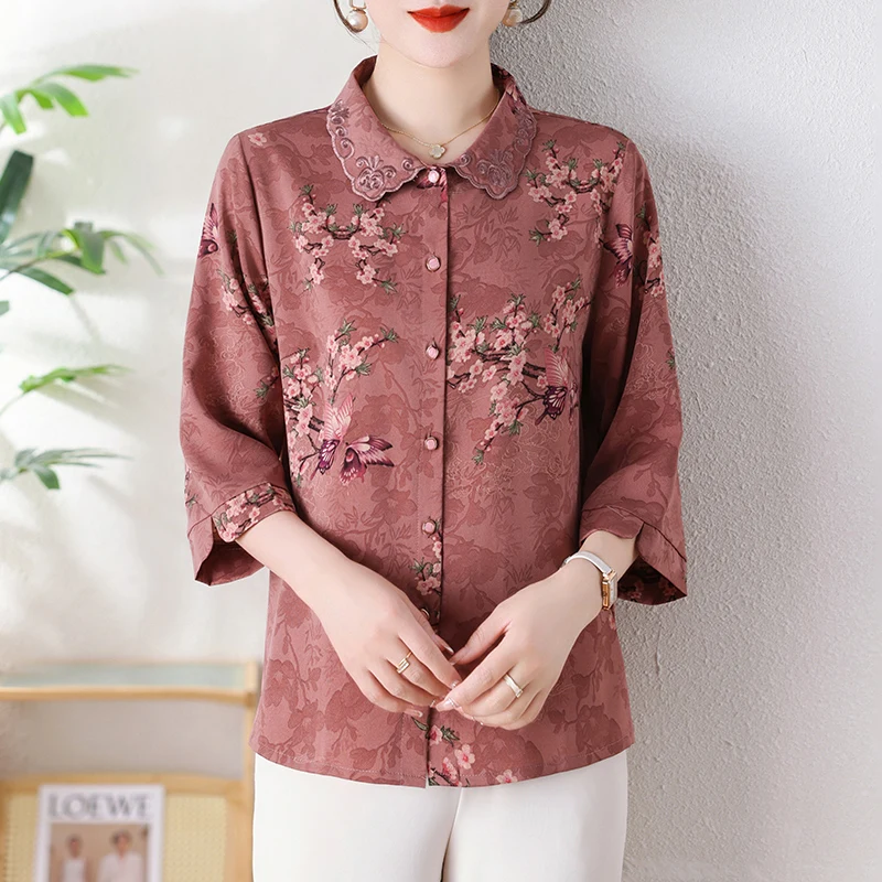 Temperament Versatile Summer Printing Women\'s Square Neck Embroid Single Row Multi Button Elegant 3/4 Sleeve Loose Shirt Tops