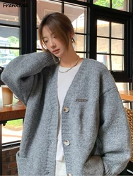 Autumn Cardigan Women Baggy Single Breasted Temperament Elegant Korean Style Stylish Simple V-neck Knitting Sweaters Aesthetic