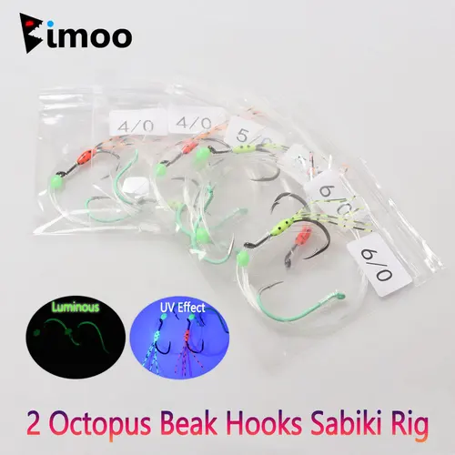 Bimoo 바다 낚시 문어 부리 후크 2 개, 사비키 리그, 야광 오프셋 문어 후크, 참치 도미 배스 연어 낚시 미끼