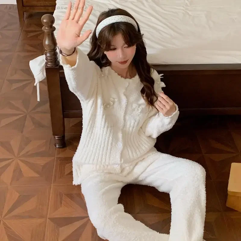 

Элегантный кардиган с длинными рукавами, брюки, пижамный комплект из 2 предметов, осенне-зимняя новая одежда для сна, плюшевая домашняя одежда, костюмы, плотная теплая домашняя одежда