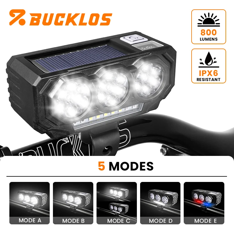 

BUCKLOS Bicycle Light Solar Charging Bicycle Headlight with 120dB Horn 2000mAh MTB Road Bike Front Light Type-C Cycling Lamp