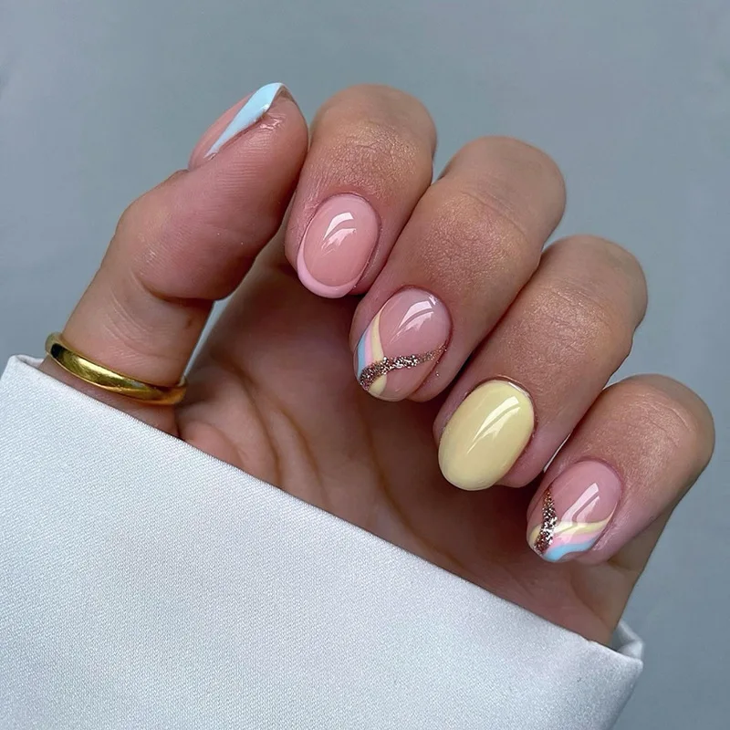 

24pcs Pastel French Press-On Nails - Yellow Pink & Blue Diagonal Tips Short Round Shape (Multi Sizes) Coverage Nail Art Kit