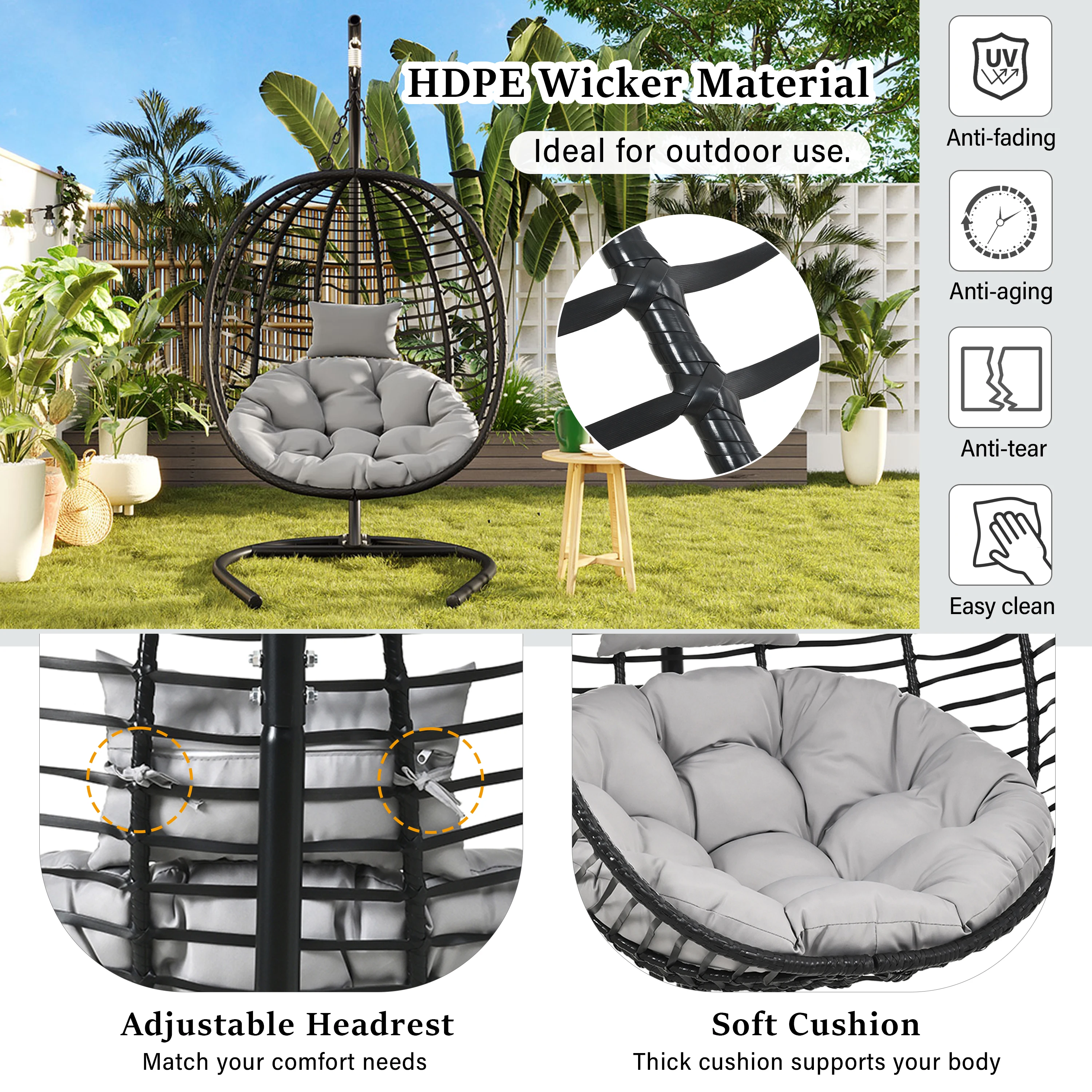 single folding hanging egg chair bracket, wicker hammock swing chair, adjustable non-slip feet, suitable for indoor/outdoor use