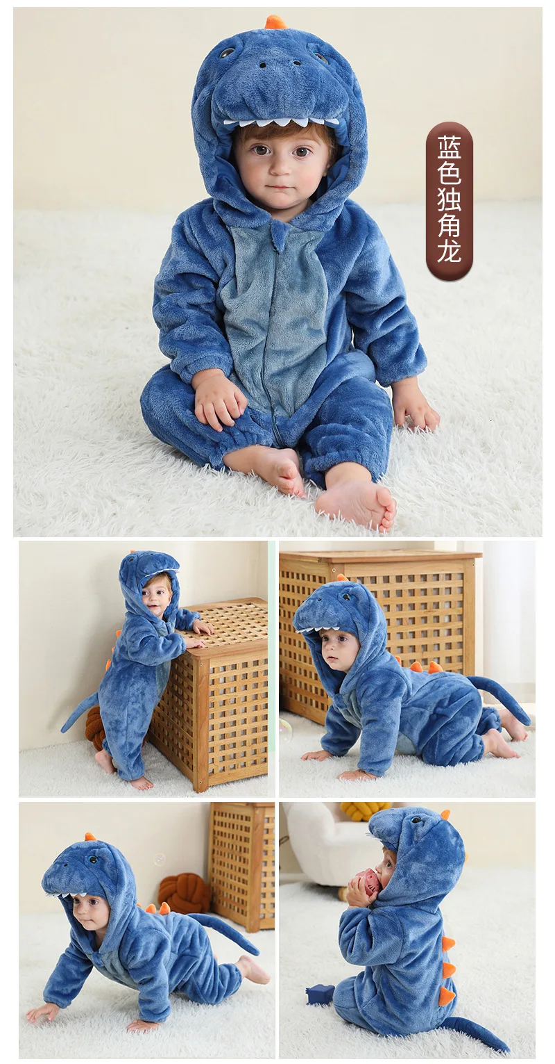 Baby Strampler Winter Kostüm Flanell Kapuzen Overalls Kinder Wachsende Kleidung Jungen Pullover Mädchen Overall Outfit Drachen Einhorn Frosch – Detail 7