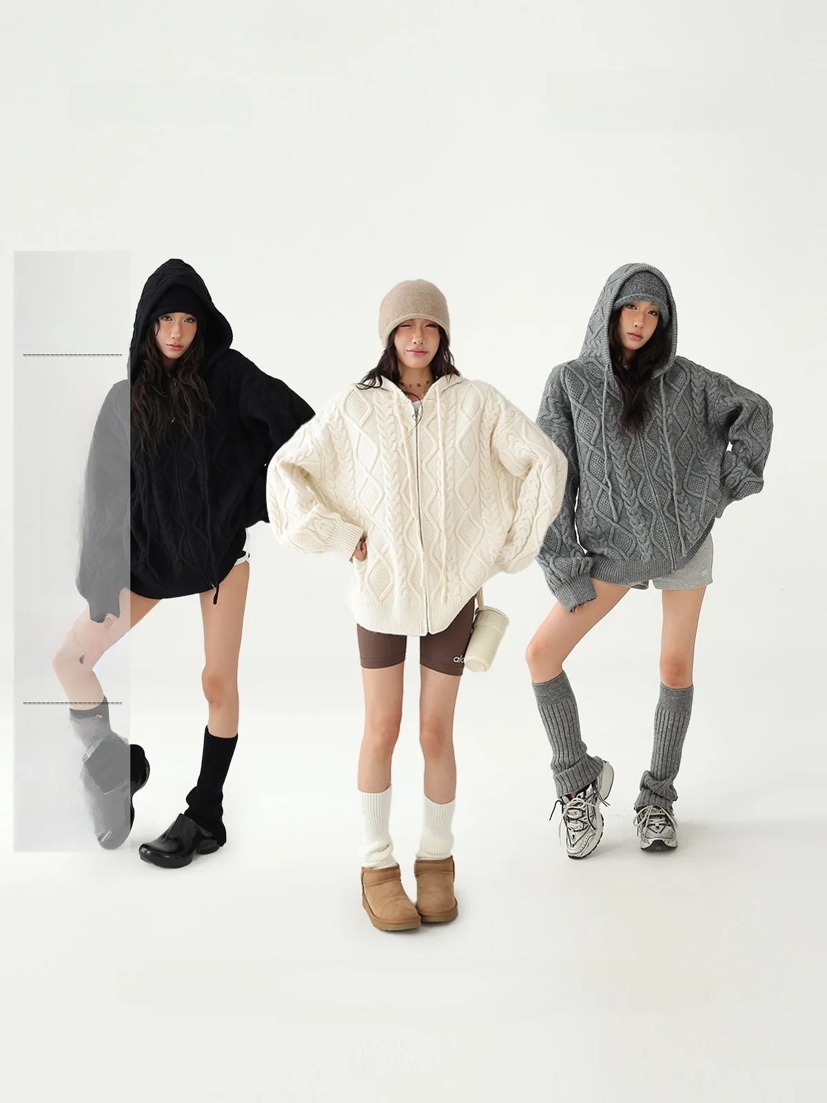 

AceStudios American Sle Knitted Sweater Women's Loose Lazy Hooded Open Cardigan Zipper Twist Flower Design Faionable Autu...