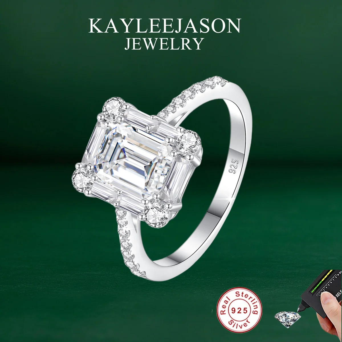 

2ct 925 Silver Emerald Cut Moissanite Rings with GRA Certificate Round Sparkling Zircon Wedding Band Women Engagement Jewelry