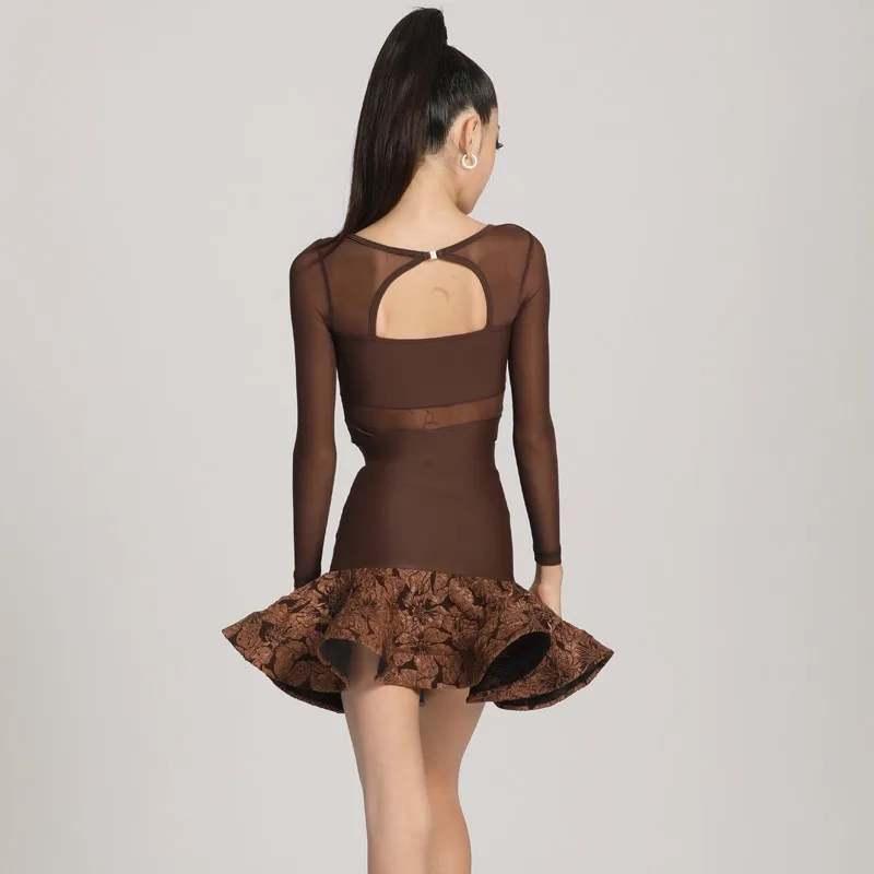 Latin Dance Dress Premium Training Outfit Fringe Tassel Ballroom Competition Wear Long Sleeve Flared Skirt Soft Elegant Attire