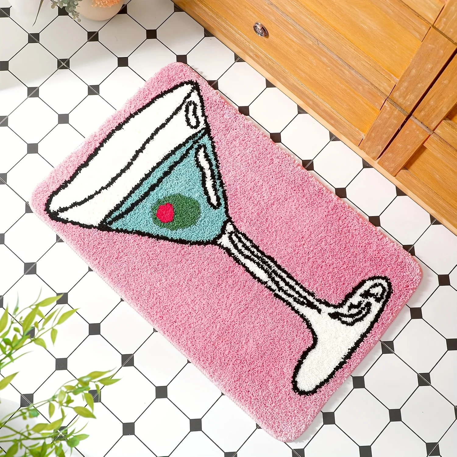 VIKAMA Pink Martini Wine Glasses Kitchen Entrance Floor Mat Bathroom Shower Area Absorbent Carpet Soft Home Decoration