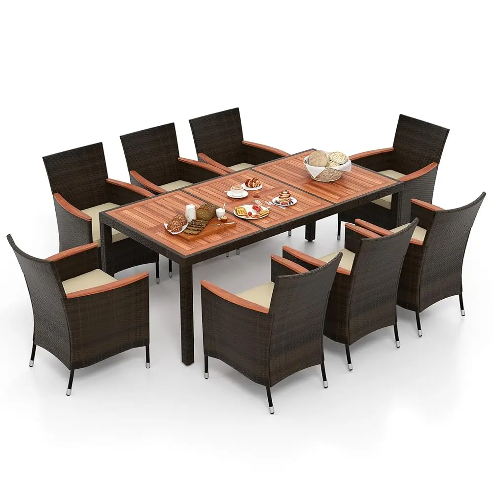 

9 Piece Outdoor Dining Set, Patio Dining Set For 8 With 75” X 36” Acacia Wooden Table & Pe Rattan Chairs, 1.96'' Reinforced