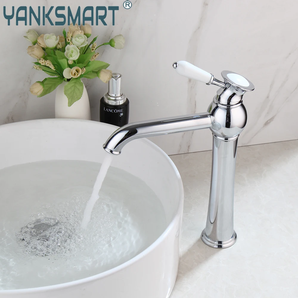 

YANKSMART Luxury Chrome Polished Bathroom Vessel Sink Faucet Deck Mounted Ceramics Single Handle Basin Mixer Water Tap