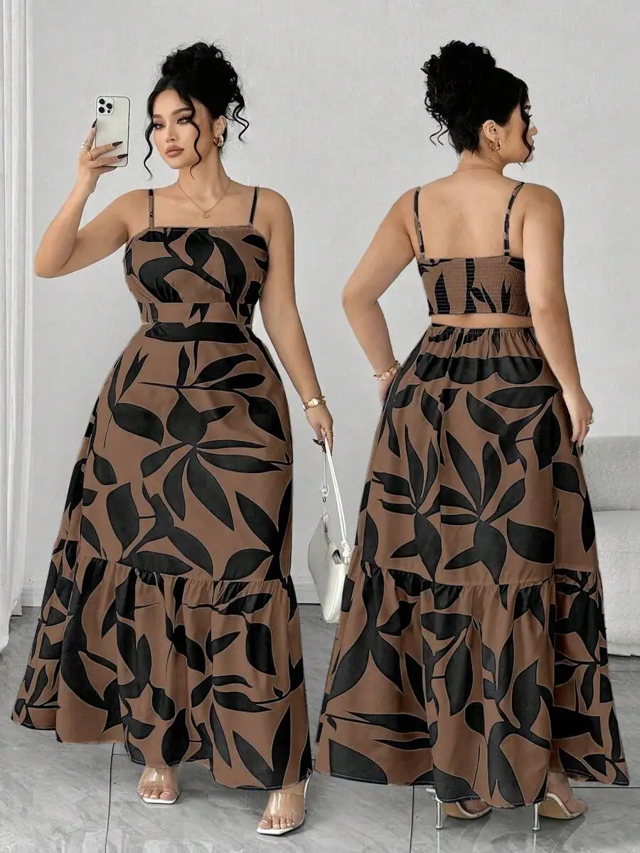 

Plus Size Women Spaghetti Strap Ruched Waist A-Line Dress With Leaf Print