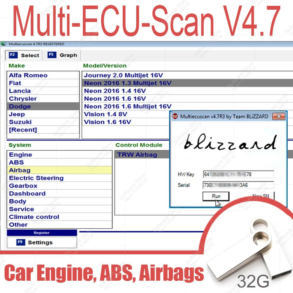 Car vehicle diagnostic software Multi-ECU-Scan V4.7 R3 Engine ABS Airbags Electric Steering Gearbox Dashboard Climate Headlight