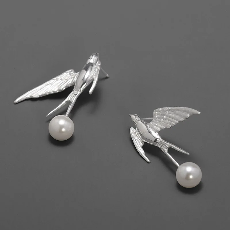 Cute Flying Swallow Stud Earrings Women Shell Pearl Designer Trendy Elegant Artistic  Bird Silver Posts Statement Earrings Gift