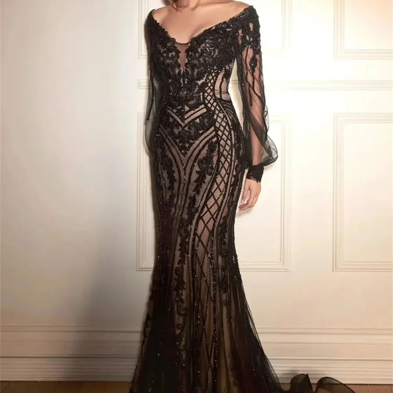 Sexy lace evening gown Long sleeve tulle floor-length ball gown heart-neck cocktail dress