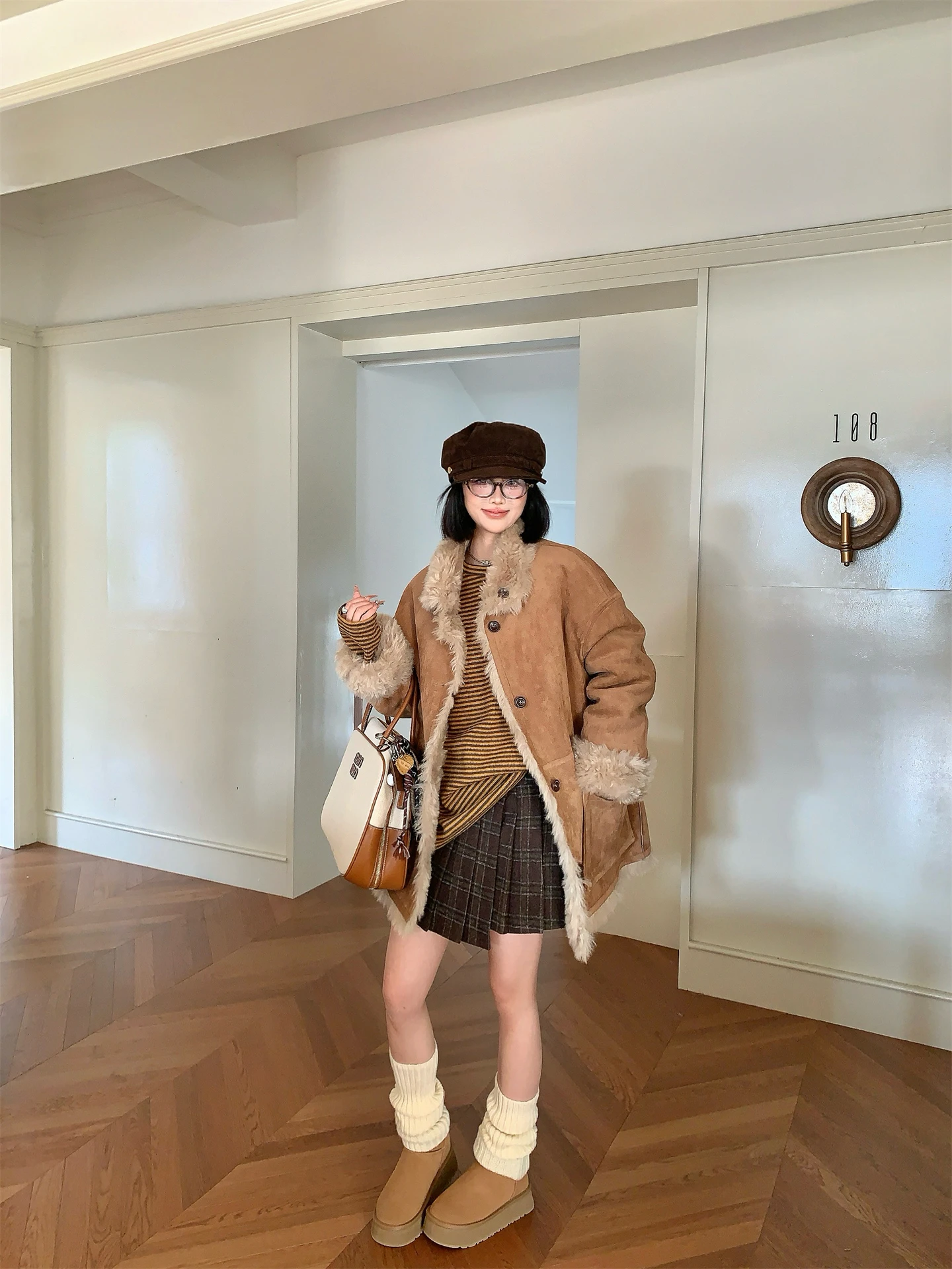 Dubbelzijdig te dragen suède jas Dames casual winterjas van leer met geïntegreerd bont, warme, dikke, lange mouwen, middellange jas