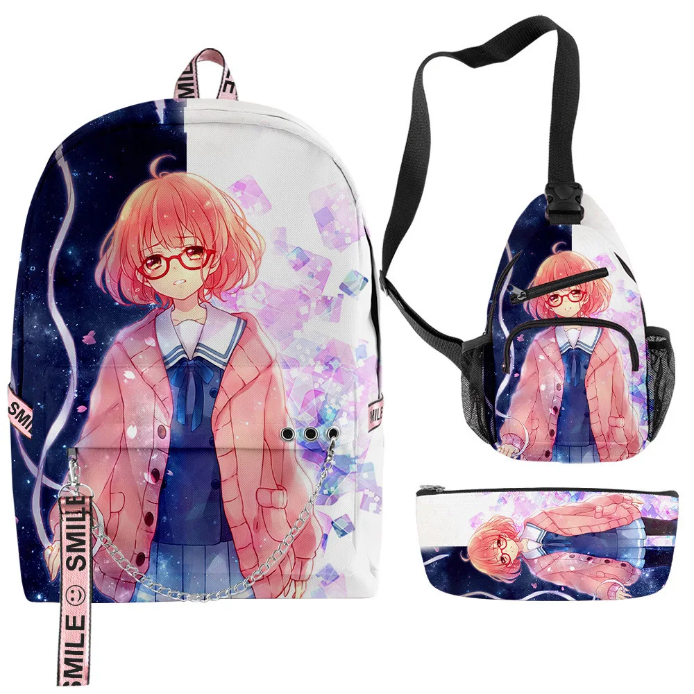 Hip Hop Popular Funny Beyond the Boundary 3D Print 3pcs/Set School Bags multifunction Travel Backpack Chest Bag Pencil Case