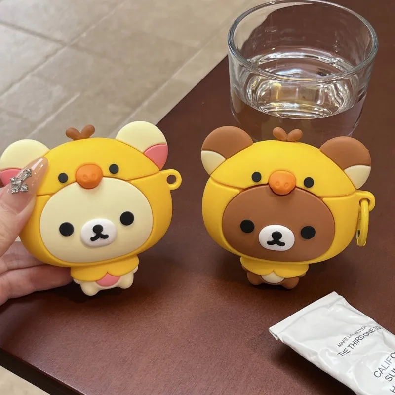 Cute Rilakkuma For AirPods Case 3D Silicone Kawaii Cartoon Bear Shockproof Cover with Keychain for Airpods 4 Pro Pro2 Pro3 Girls