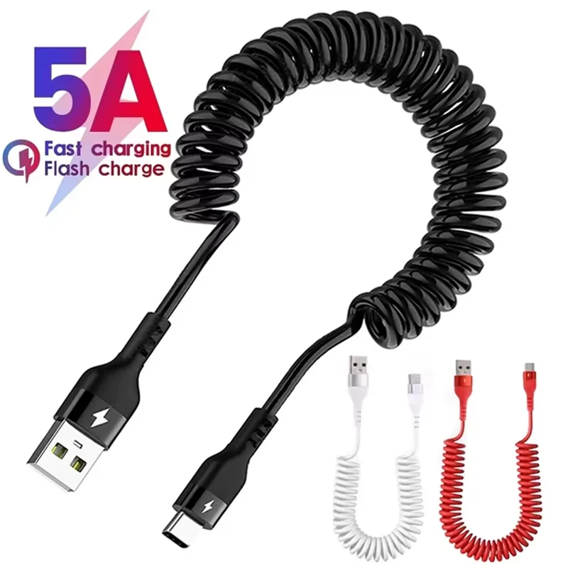 1.5m/1m 5A Spring Pull Telescopic Fast Charging USB Type C Cable For Samsung Huawei Android Phone Accessories Car USB Data Cable