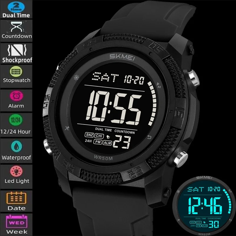 

Skmei противоударные спортивные часы с двумя часовыми поясами для мужчин, 50 м, водонепроницаемые, светодиодный хронограф для плавания, подсветка, цифровой будильник