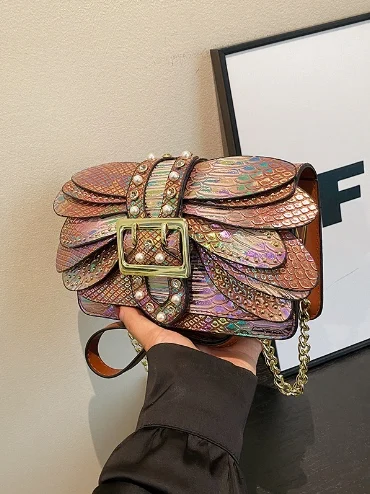 

Retro Chain Lady Bag Snake Pattern Crossbody Small Square Bag Briti Sle Detachable oulder Strap Daily Use Women's Bag
