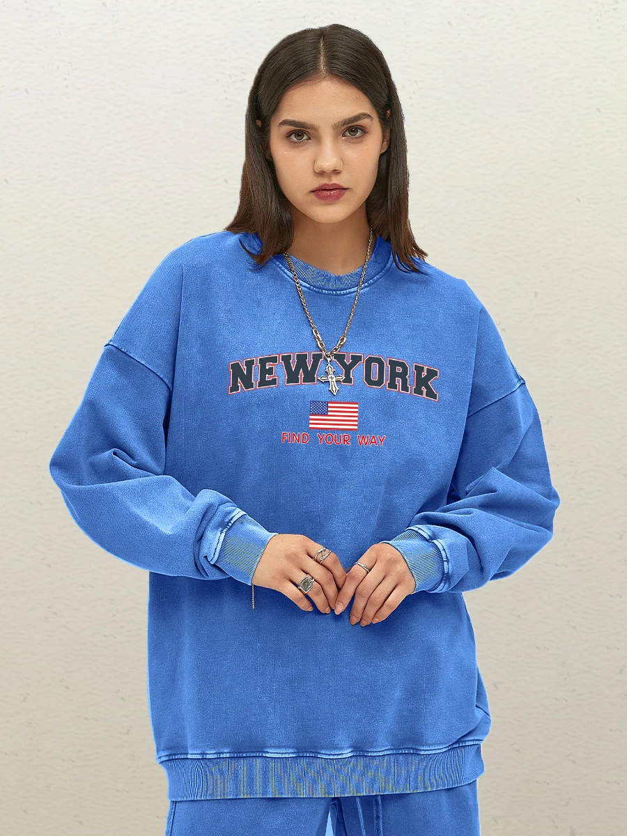 

New York Find Your Way Usa Street Letter Print Женская стираная хлопковая одежда Модная удобная толстовка Повседневная толстовка с капюшоном Свободный топ