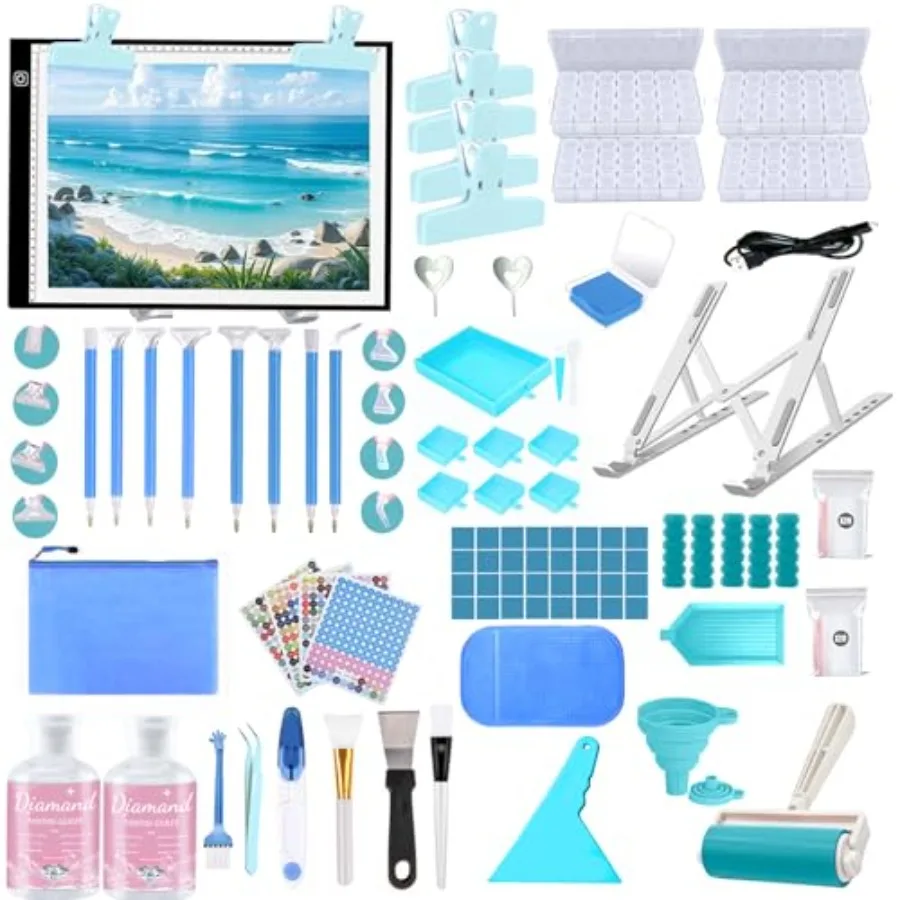 

Набор для алмазной живописи из 244 предметов: все необходимое оборудование, светодиодный планшет, клей-герметик и подставка для хранения