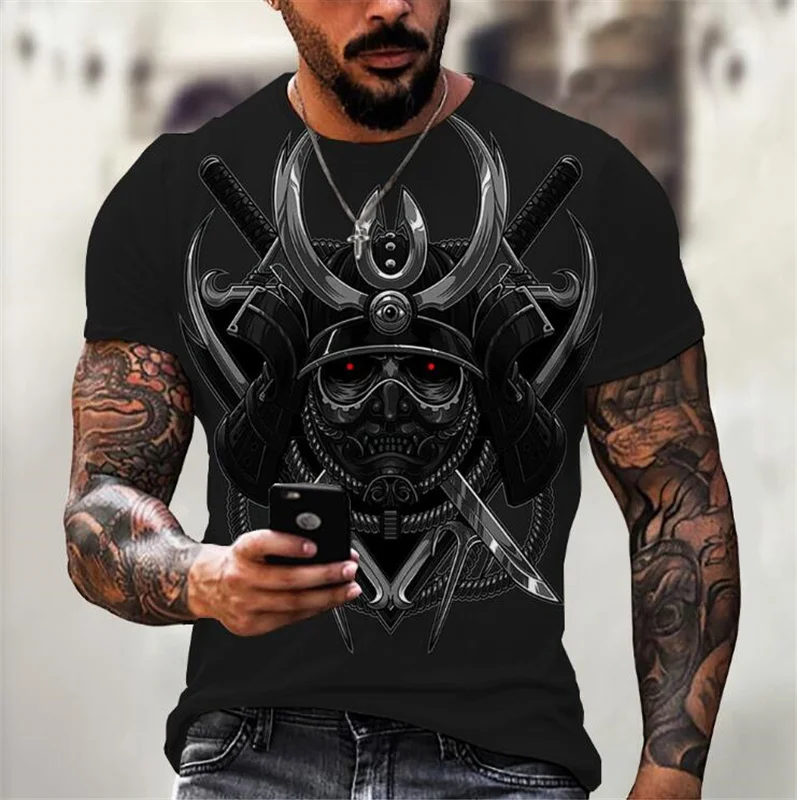 New 2024 Hot 3D Digital Print Samurai pattern Outdoor Fitness sport men\'s short sleeve T-shirt new design size XXS-6XL