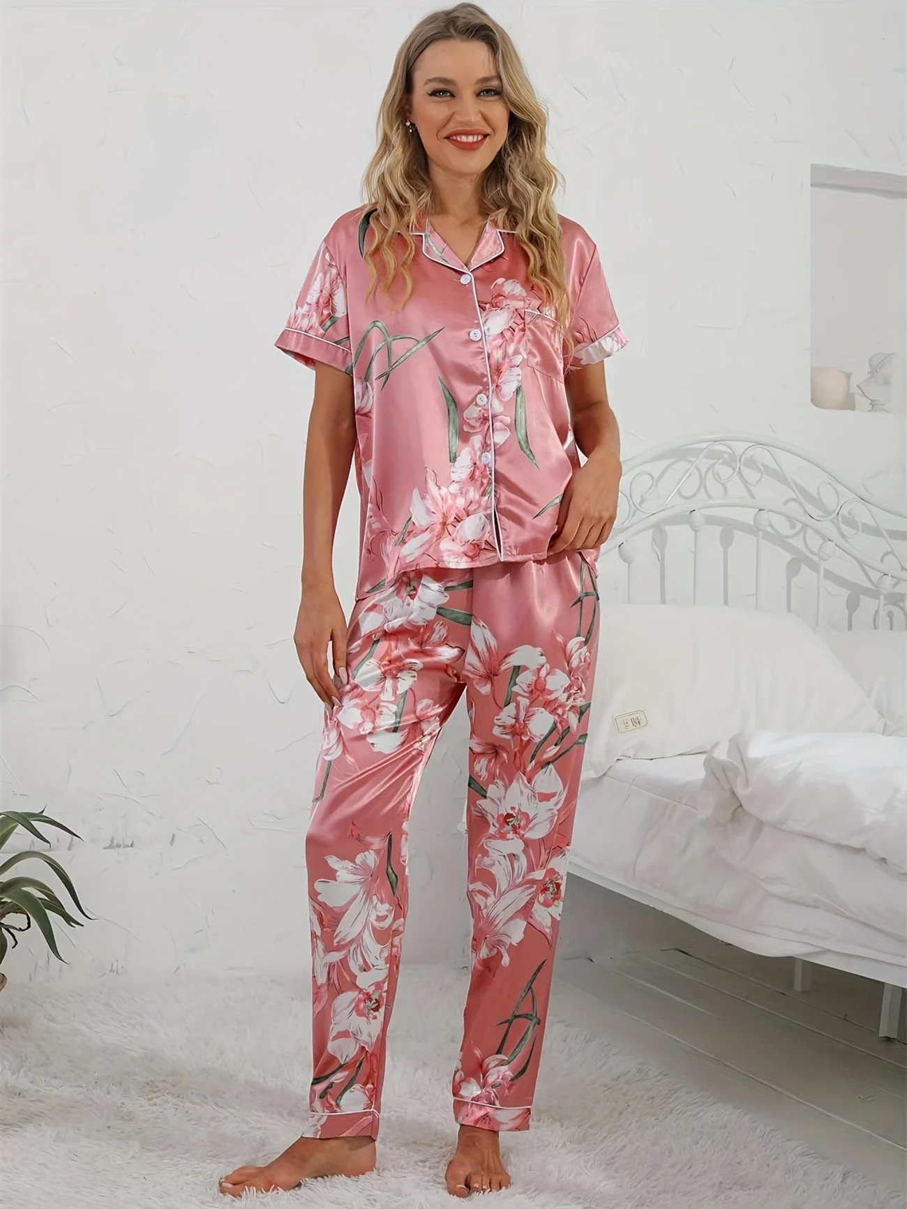 Floral Print Satin Pajama Set Smooth & Comfort Short Sleeve Button Lapel Top & Cozy Long Pants Women\'s Loungewear & Sleepwear