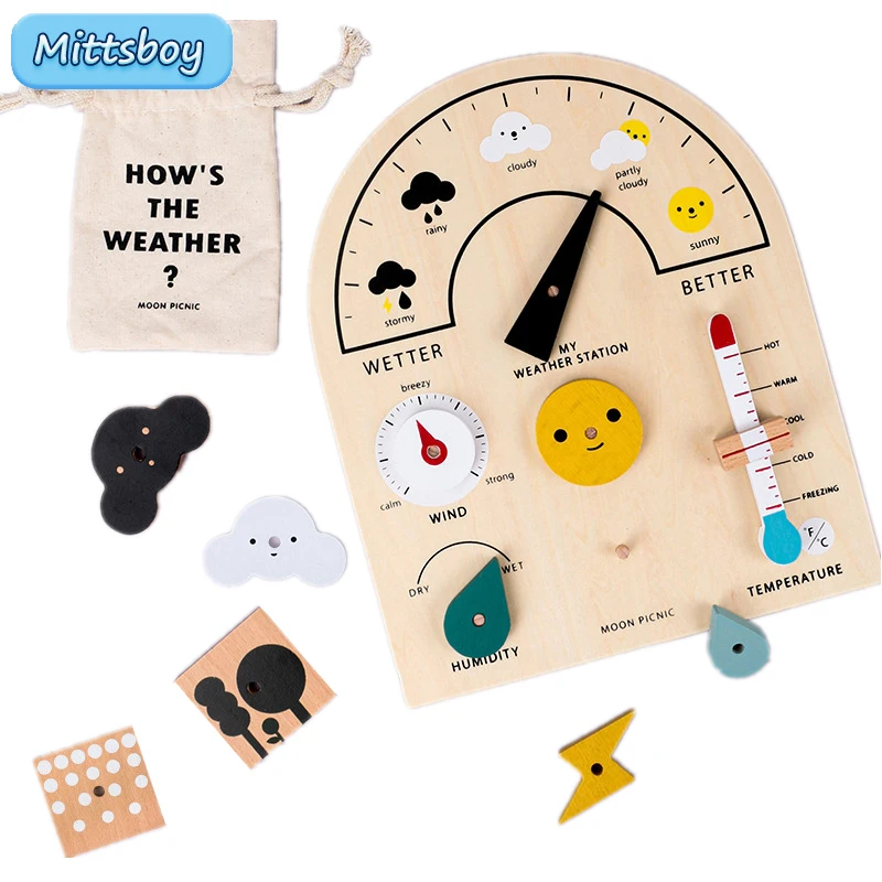 Montessori Wooden Toy Weather Station Weather Forecast Calendar Board Cognition Educational Toy Cartoon Clock For Children Gifts