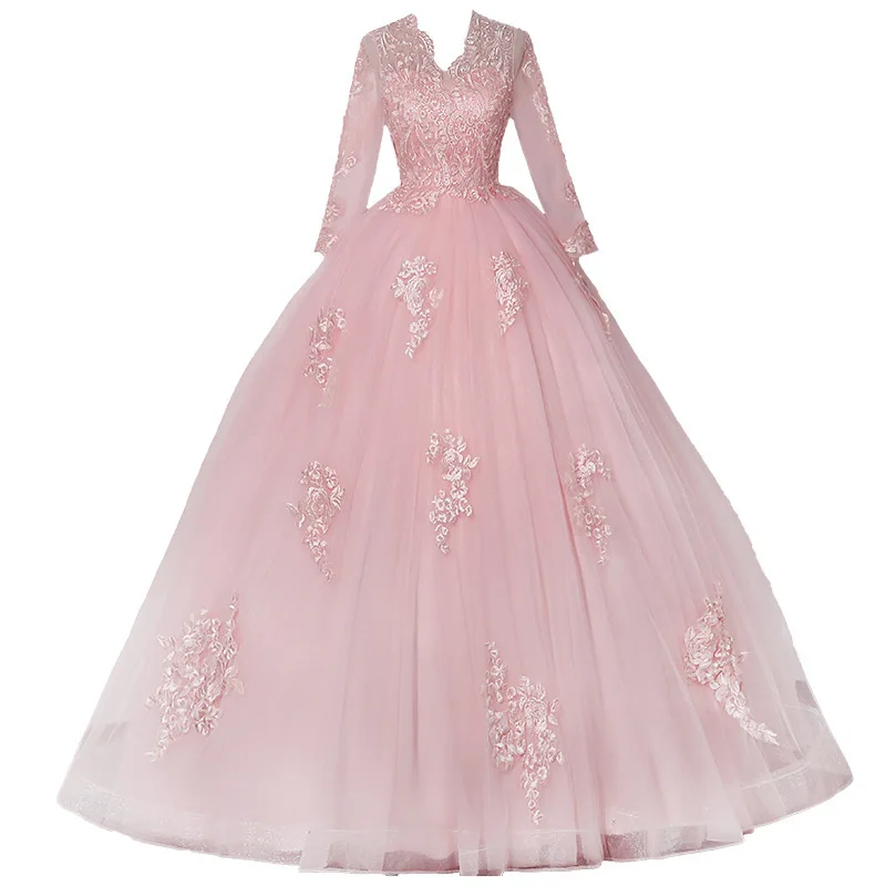 Robe de soirée longue en dentelle brodée rose pour femmes, col en v, manches longues, mode amincissante, élégante, spectacle sur scène, nouvelle collection 2026