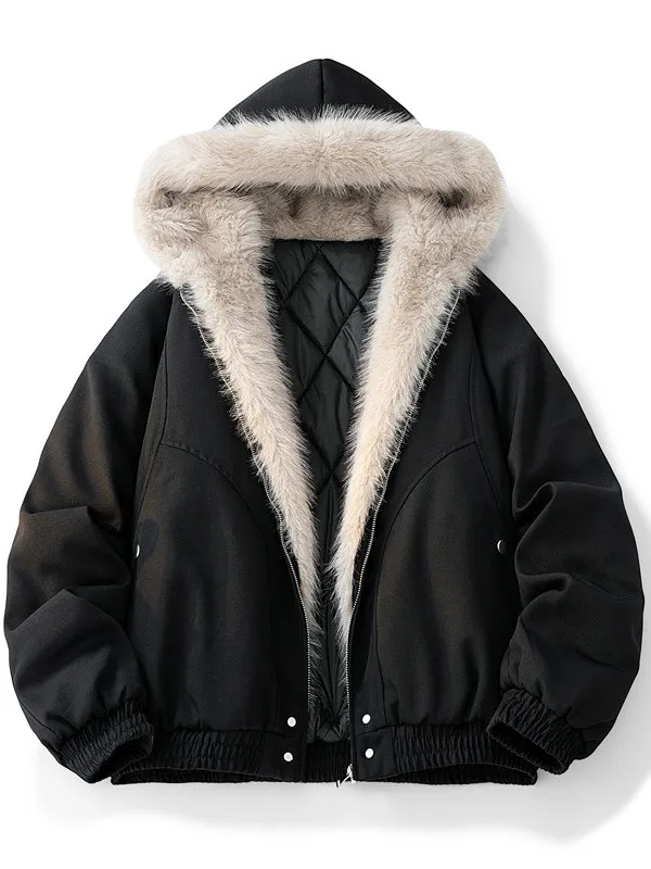 ملابس خارجية من القطن للرجال ثقيلة الوزن بتصميم نسر جبل بغطاء للرأس من الفرو المزيف ملابس خارجية للزوجين ذات ملمس راقي