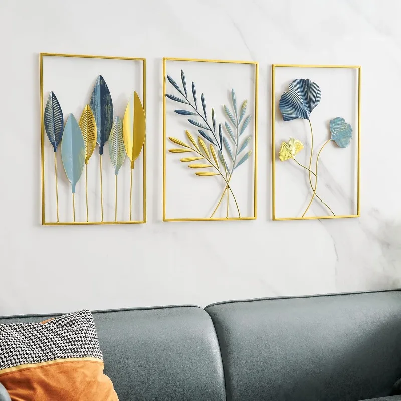 Gold Leaf Wall Decor Modern Wall Art Home Decor, Set of 3 Metal Wall Hanging Decoration for Living Room Office Bedroom Hotel