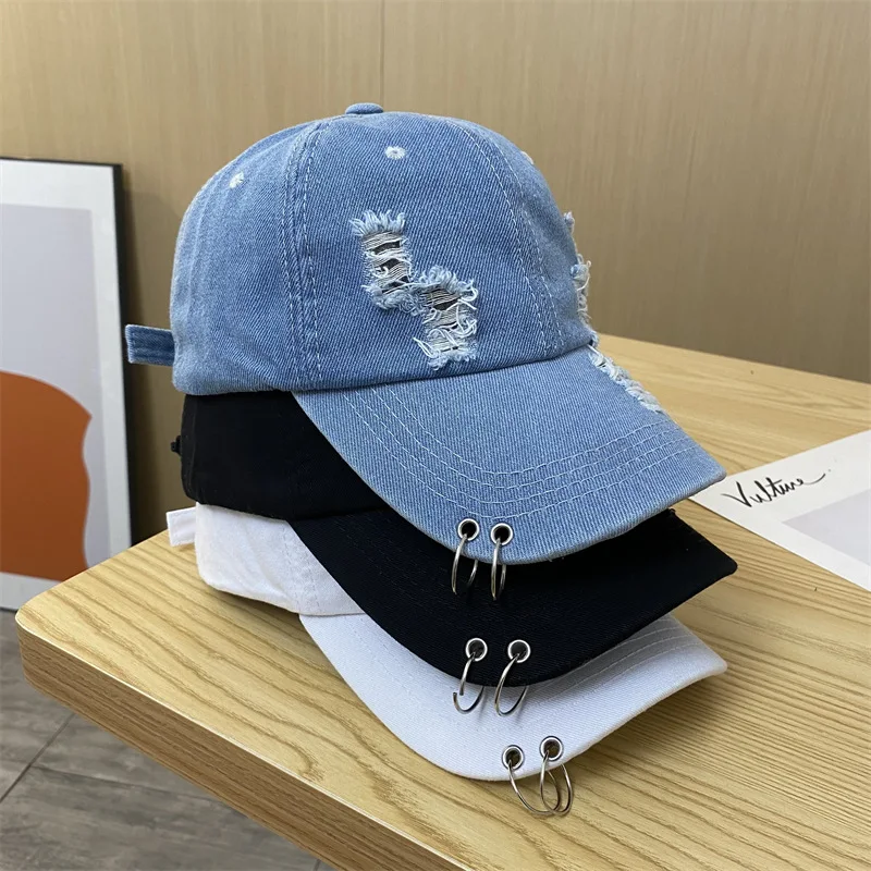 Vintage Distressed Ripped Denim Baseball Cap With Metal Rings Hip Hop Street Dance Adjustable One Size Unisex Dad Hat For Women