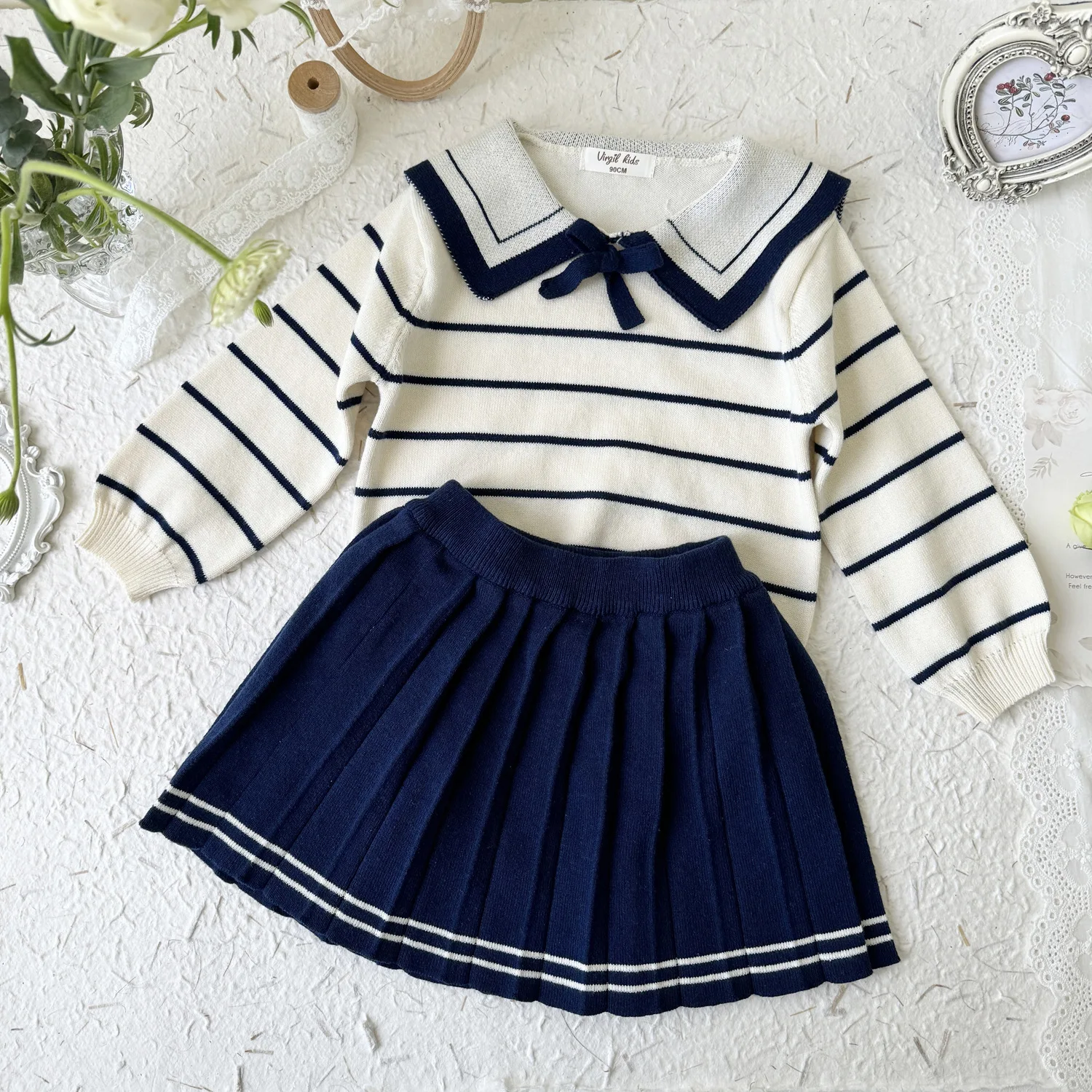 

Spring New Academy Style Girl's Navy Stripe Sweater Kids Clothes 2-10Y