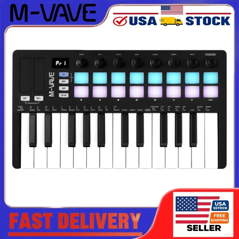 

M-VAVE SMK-25 II Pro MIDI-контроллер 25 клавиш 16RGB Pad 8Knob Bluetooth Беспроводная портативная клавиатура для домашней студии записи в прямом эфире