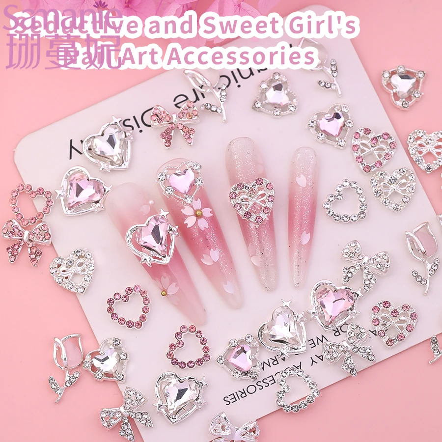 SANANIE 12 Grids Acrylic Cute Flower Bowknot Heart Nail Art Charms Set 3D Exquisite Pearl Nail Manicure DIY Accessories Supplies