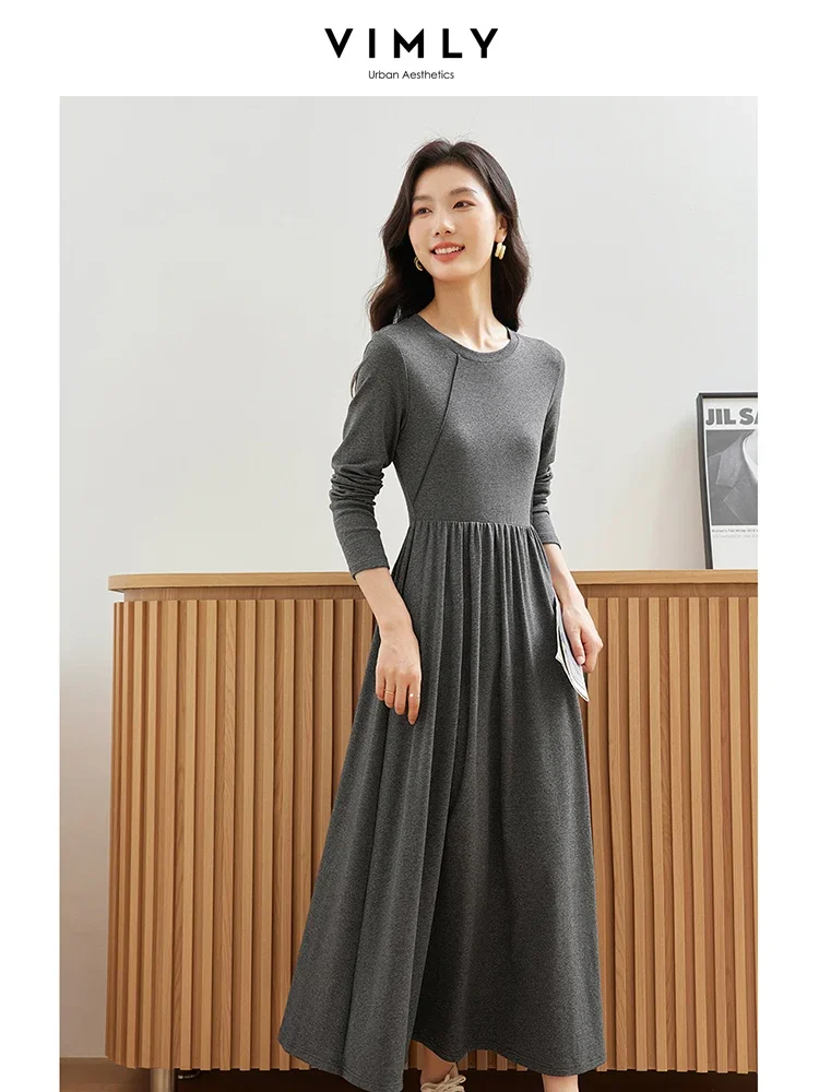 VIMLY Women\'s Casual Commuter Dress Autumn Female Solid Versatile o-Neck Knit Sweater Dress Elegant Knitwear Bottom Long Dress