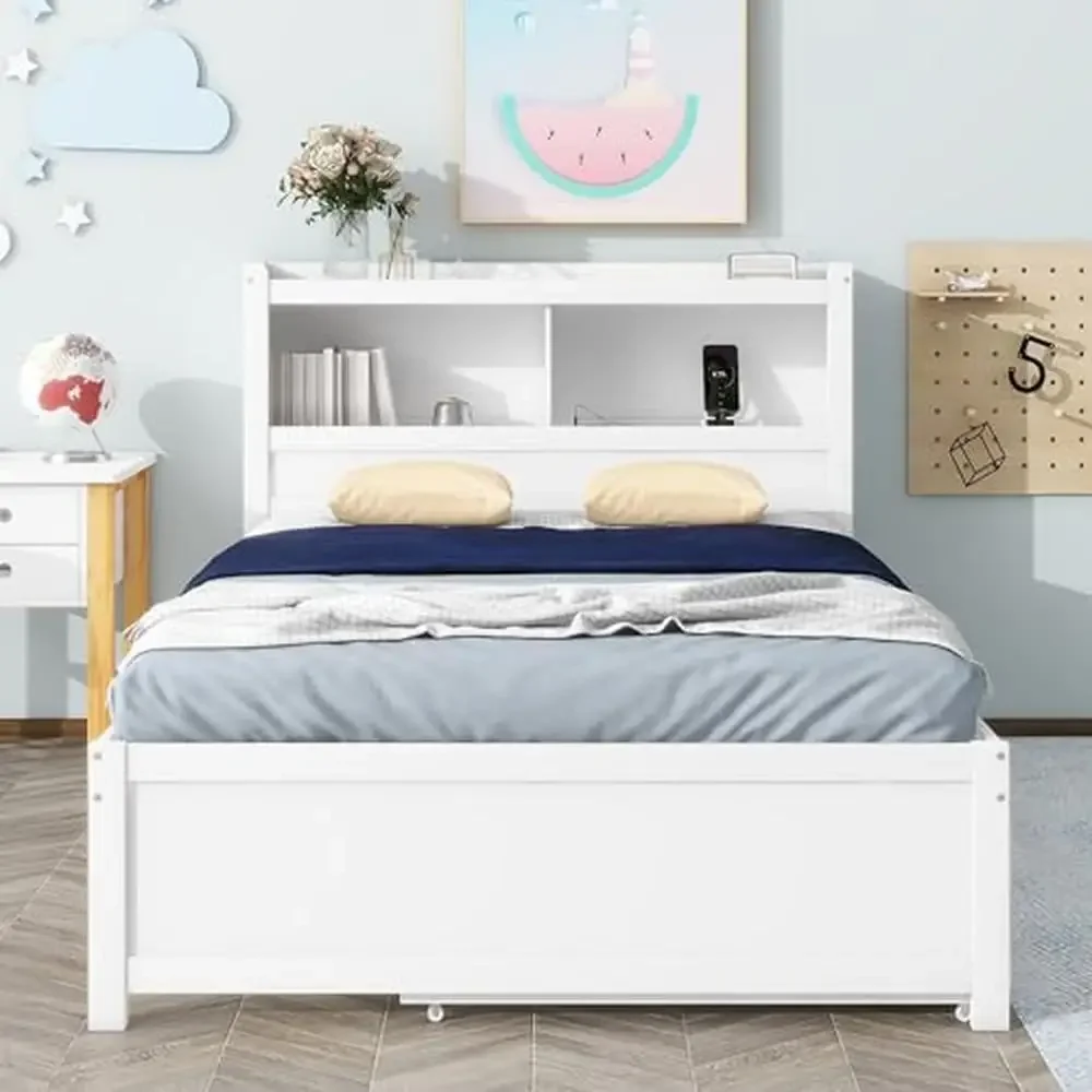 Full Platform Bed with Twin Size Trundle Bookcase Headboard Charging Station 3 Drawers White Wood Storage Frame Modern Design