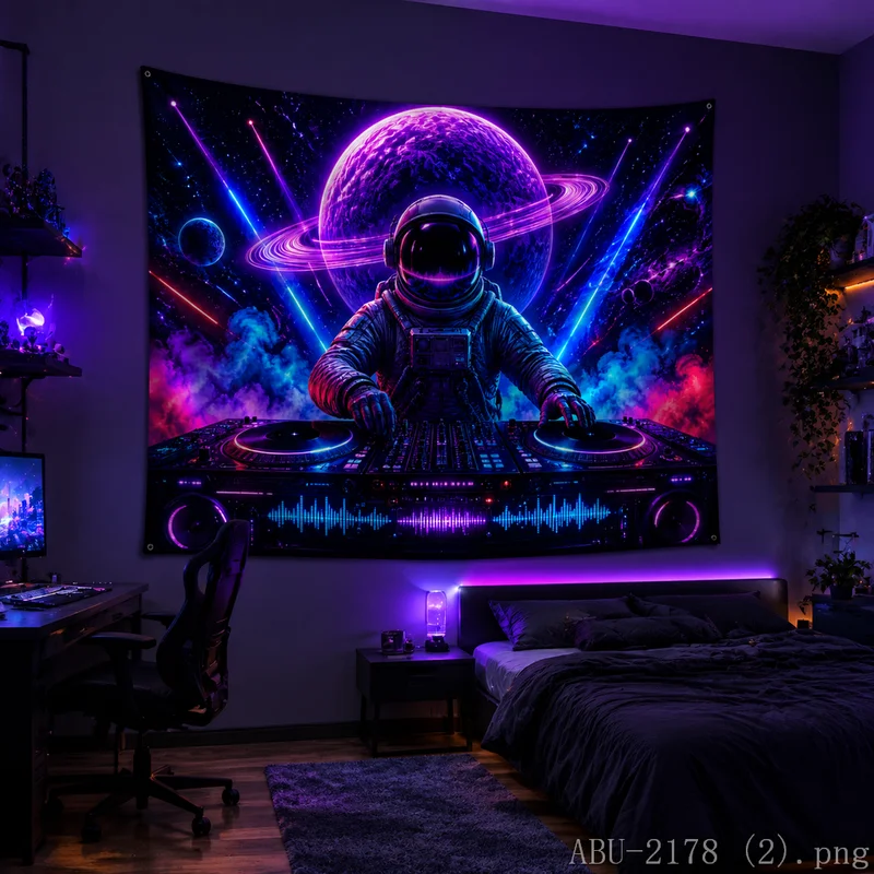 VIKAMA Psychedelic Space DJ Astronaut Tapestry Saturn Planet Cosmic Wall Hanging Aesthetic Decor Bedroom Gaming Room
