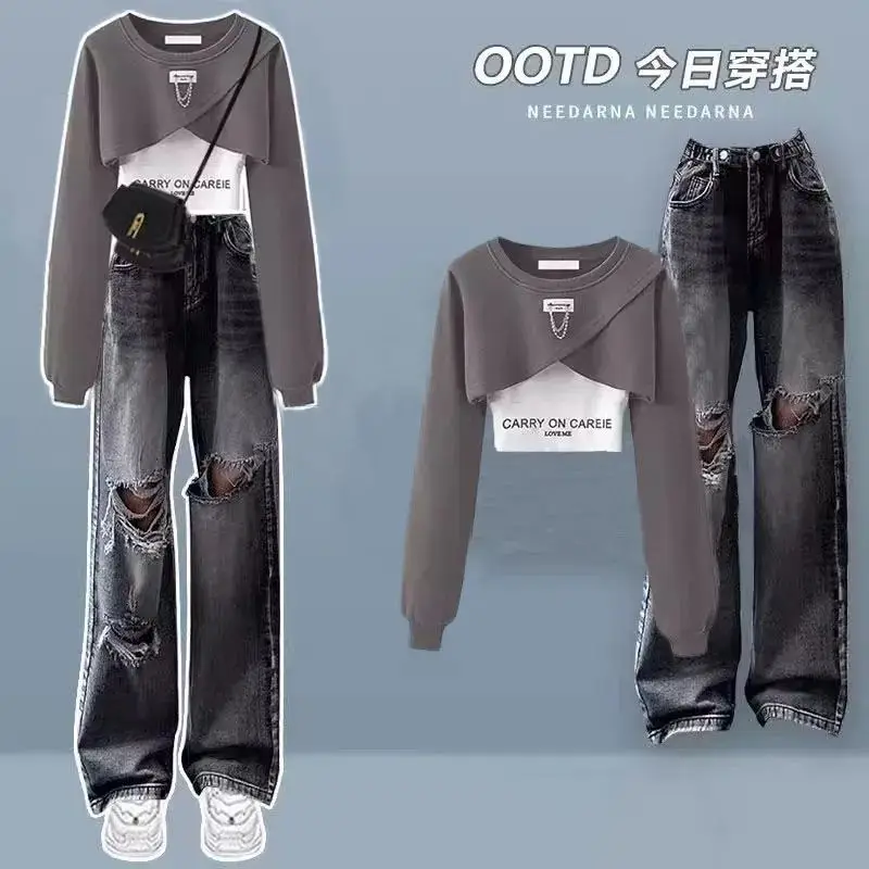 Conjunto de mujer primavera y otoño Edición coreana Top de manga larga con camiseta sin mangas en capas + pantalones vaqueros perforados conjunto de