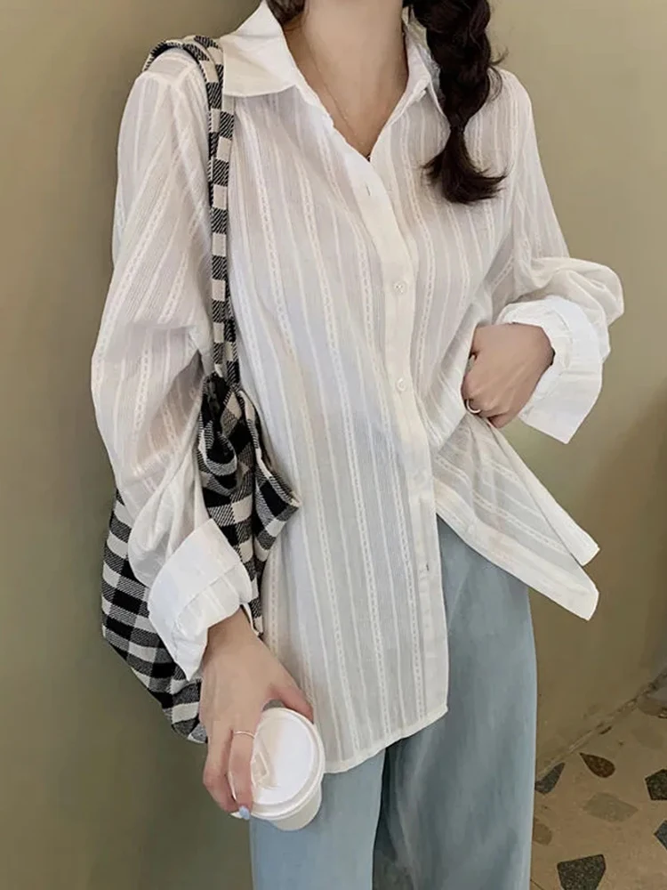 Zoki Casual Korean Striped White Shirt Women Fashion Simple Long Sleeve Loose Blouse Fall Lazy Wind Oversize Chic Sweet Tops New